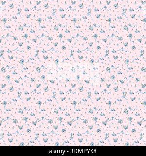 Blue floral and ribbon pattern on a light pink background. Seamless elegant botanical vector illustration for vintage-style nursery wallpaper, feminin Stock Vector