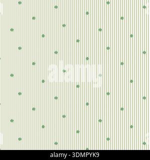 Green four-leaf clover pattern on beige and white vertical stripes. Seamless decorative lucky shamrock vector illustration for St. Patrick's Day decor Stock Vector