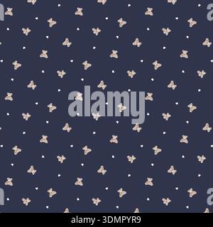 Cute teddy bear and heart pattern on a dark blue background. Seamless nursery wallpaper vector illustration for baby apparel, child-themed textiles, Stock Vector