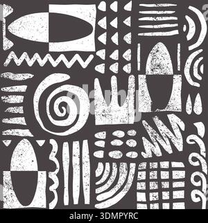 Tribal geometric pattern monochrome abstract ethnic motif background. Seamless hand-drawn chalk-style vector illustration for modern African-inspired Stock Vector