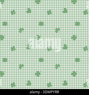 Green gingham check pattern with four-leaf clovers. Seamless lucky spring background vector illustration for St. Patrick's Day decor, picnic textiles, Stock Vector