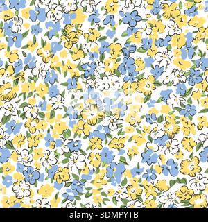 Hand-drawn seamless floral pattern with blue, yellow, and white flowers on a white background. Vibrant botanical vector illustration for spring wallpa Stock Vector