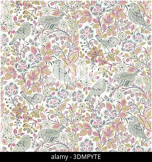 Seamless vintage floral pattern with birds and leaves in an embroidered style. Intricate nature-inspired botanical vector illustration for luxury wall Stock Vector