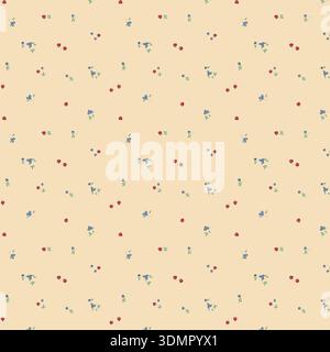 Seamless berry and floral pattern with strawberries, blueberries, and tiny flowers on a cream background. Cute hand-drawn fruit vector illustration fo Stock Vector