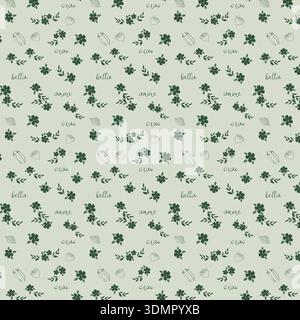 Romantic Italian-inspired pattern with hand-drawn symbols, leaves, and "bella" text on a light green background. Seamless botanical vector illustratio Stock Vector