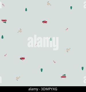 Seamless Christmas holiday pattern with vintage cars, evergreen trees, reindeer, and candy canes on a light mint background. Festive winter vector Stock Vector