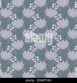 Seamless floral pattern with hand-drawn tulips and leaves on a soft blue background. Elegant botanical vector illustration for vintage wallpaper, Stock Vector