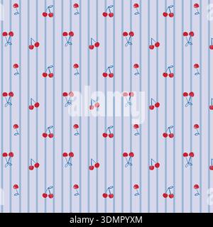Seamless cherry pattern on a blue striped background. Cute fruit design vector illustration for summer fashion, kitchen textile prints, and playful st Stock Vector
