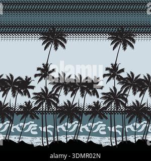 Tropical palm tree silhouette with ocean waves and retro halftone sunset background. Seamless beach-themed vector illustration for summer apparel Stock Vector
