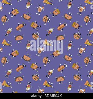 Seamless cartoon fast food pattern on a purple background. Playful anthropomorphic burger, pizza, taco, and soda characters in a repeating vector Stock Vector