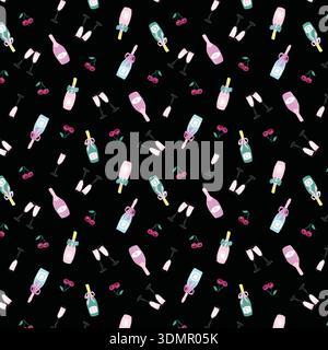 Seamless celebration pattern with champagne bottles, wine glasses, and cherries on a black background. Playful party-themed vector illustration for fe Stock Vector