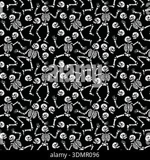 Seamless Halloween skeleton pattern featuring stylized dancing bones and skulls on a black background. Spooky gothic vector illustration for seasonal Stock Vector