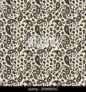 Seamless paisley pattern with skull and floral elements in beige and black. Intricate boho-style vector illustration for gothic fashion, alternative Stock Vector