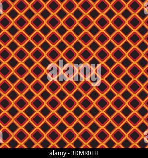 Red and orange diamond grid pattern on a black background. Seamless geometric optical illustration with a glowing neon effect for high-tech background Stock Vector