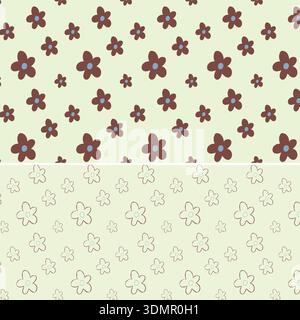 Seamless dual floral pattern with bold and outlined brown flowers on a pale mint background. Minimalist vintage botanical vector illustration Stock Vector