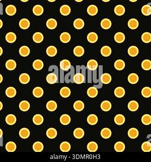 Seamless yellow and orange sunburst pattern on a black background. Stylized sun motif grid vector illustration for celestial-themed wallpaper, bold Stock Vector