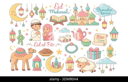 Cute Ramadan and Eid Mubarak vector set with mosque lantern and kids Stock Vector