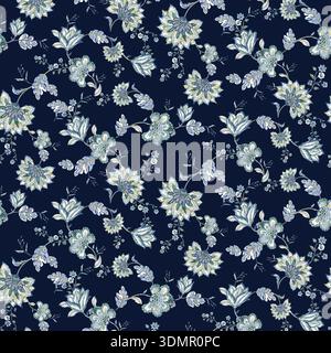 Seamless floral pattern with elegant white and light blue botanical illustrations on a dark navy blue background. Sophisticated repeating flower Stock Vector