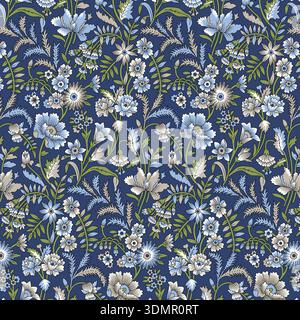 Vintage seamless floral pattern with blue and beige flowers on a navy background. Ornate botanical vector illustration in a classic William Stock Vector