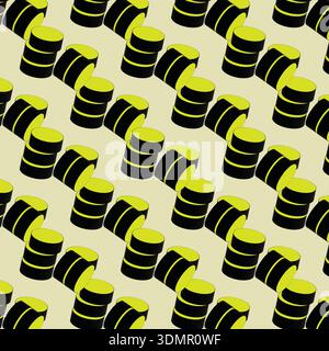 Seamless isometric industrial barrel pattern in yellow and black. 3D oil drum vector illustration for energy industry graphics, fuel production backgr Stock Vector