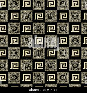 Seamless geometric Greek key pattern in luxury gold and black. Elegant maze-style ornamental vector background for high-end fashion, textile branding, Stock Vector