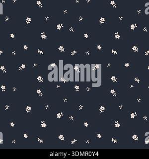 Seamless small white flower pattern on a dark navy blue background. Elegant minimalist floral vector illustration for fashion textile, wallpaper, and Stock Vector