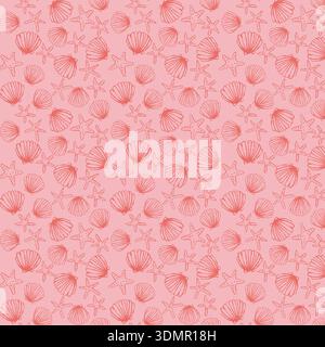 Seamless Seashell and Starfish Pattern, Red Marine Sketch Design on Pink Background, Nautical Summer Ocean Texture, Vector Illustration Stock Vector