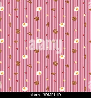 Seamless whimsical breakfast pattern with eggs, donuts, and bacon on red and white vertical stripes for fun culinary and kitchen decor. Stock Vector