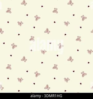 Seamless nursery pattern featuring cute teddy bears and small red hearts on a beige background for baby textile and children's room decor. Stock Vector
