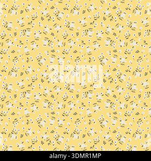 Seamless ditsy floral pattern featuring white vintage flowers on a bright yellow background for modern botanical design and cheerful textures. Stock Vector