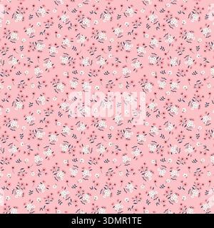 Seamless ditsy floral pattern with small white flowers on a soft blush pink background, featuring delicate botanical motifs for feminine design Stock Vector