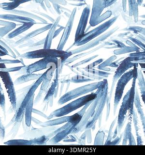 Seamless blue watercolor brushstroke pattern with abstract leaf-inspired textures and organic artistic strokes for modern botanical design Stock Vector
