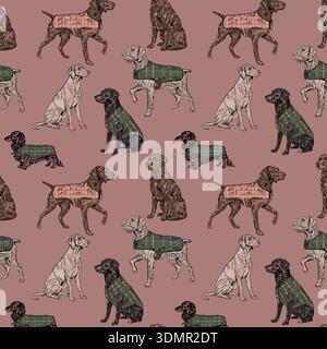 Classic hand-drawn seamless pattern with hunting dogs (pointers and dachshunds) wearing plaid coats on a dusty rose background; vintage vector illustr Stock Vector