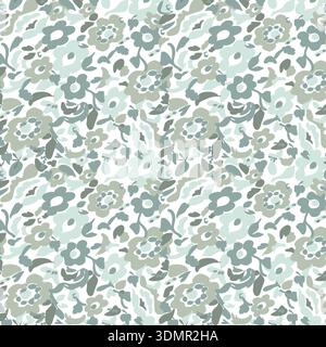 Classic hand-drawn seamless floral pattern with soft blue, green, and grey blossoms on a white background; elegant vector illustration for shabby chic Stock Vector