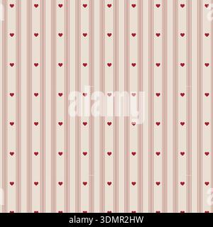 Classic seamless vector pattern with red hearts and vertical stripes on a light beige background; elegant illustration for Valentine's Day, romantic t Stock Vector