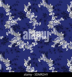 Classic hand-drawn seamless pattern with white magnolia flowers and branches on a dark blue background; elegant vector illustration for luxury textile Stock Vector
