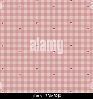 Cute pink and white gingham seamless pattern with small red hearts; vector illustration for Valentine’s Day, nursery textiles, and romantic gift Stock Vector