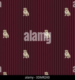 Classic seamless pattern with detailed hand-drawn illustrations of sitting English Bulldogs on a dark burgundy vertical striped background for vintage Stock Vector