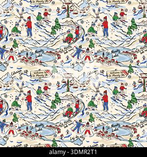 Hand-drawn seamless pattern of a whimsical St. Moritz ski resort featuring winter sports, skiers, and charming alpine village scenes in a retro illust Stock Vector