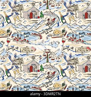 Hand-drawn seamless pattern of a whimsical St. Moritz ski resort featuring winter sports, skiers, charming alpine villages, and après-ski lifestyle el Stock Vector