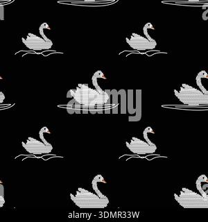 Seamless white swan pattern on a black background. Elegant vector illustration of graceful swans swimming on calm water, perfect for luxury textile pr Stock Vector