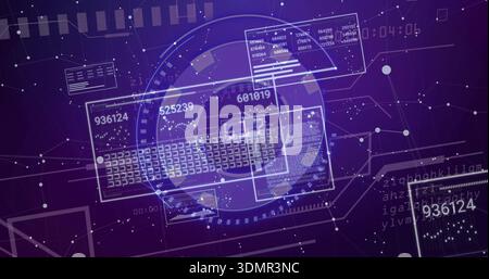 Displaying central translucent HUD and data panels in virtual network, showing keyboard grid codes Stock Photo