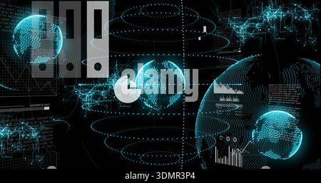 Rotating 3D dotted globe at right showing HUD panels and charts in 3D dashboard, copy space Stock Photo