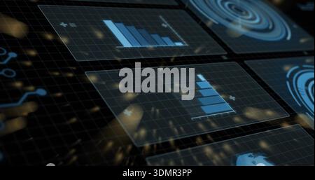 Displaying holographic panel showing vertical blue bar chart on dark grid console, radar displays Stock Photo