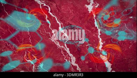Displaying cyan wireframe brain linking molecular nodes in digital visual, showing orange vortices Stock Photo
