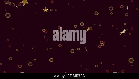Scattering golden stars and glowing orbs on wallpaper, creating amber ringed pattern with sparkles Stock Photo