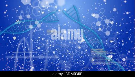 Displaying large blue-green DNA helix floating in digital lab illustration, with snowflake motifs Stock Photo