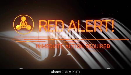Displaying RED ALERT text on UI overlay with IMMEDIATE ACTION REQUIRED warning icon streaks embers Stock Photo