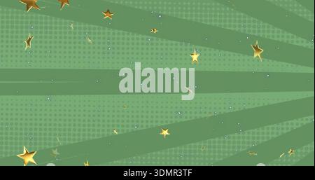 Showcasing green retro digital background featuring wide radial beams, halftone dots, gold stars Stock Photo