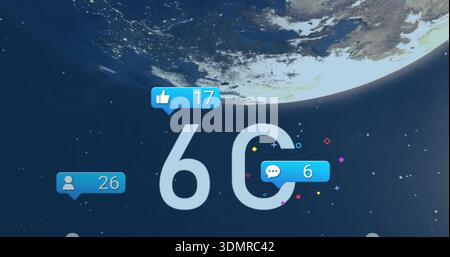 Displaying large pale-blue 6G label hovering in outer space with Earth limb, notifications 17,6,26 Stock Photo